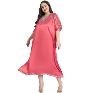 Gypsie Blu Plus Size Satin Solid Embroidery Caftan Dress Kimono Sleeve for Women